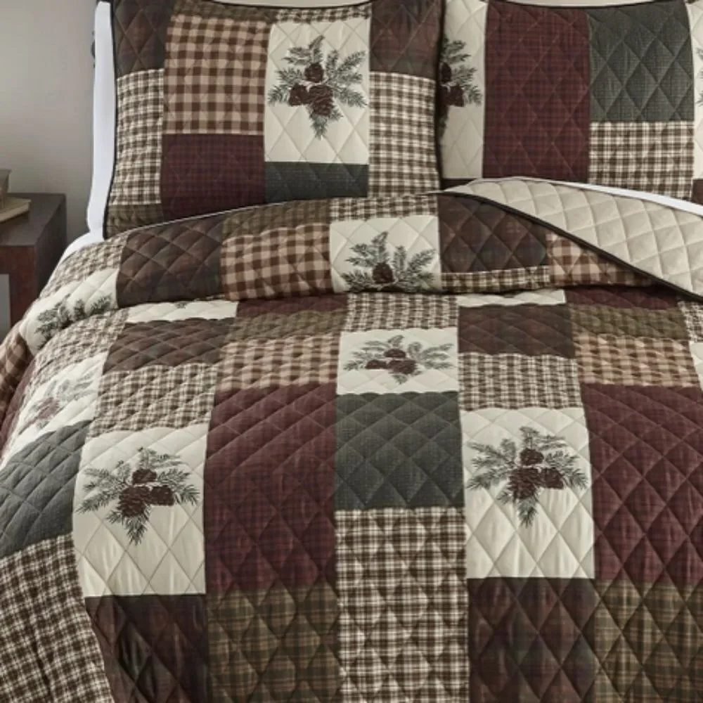 Pine Cone Panels Printed King Quilt Set Country Lodge Rustic Cabin Forest